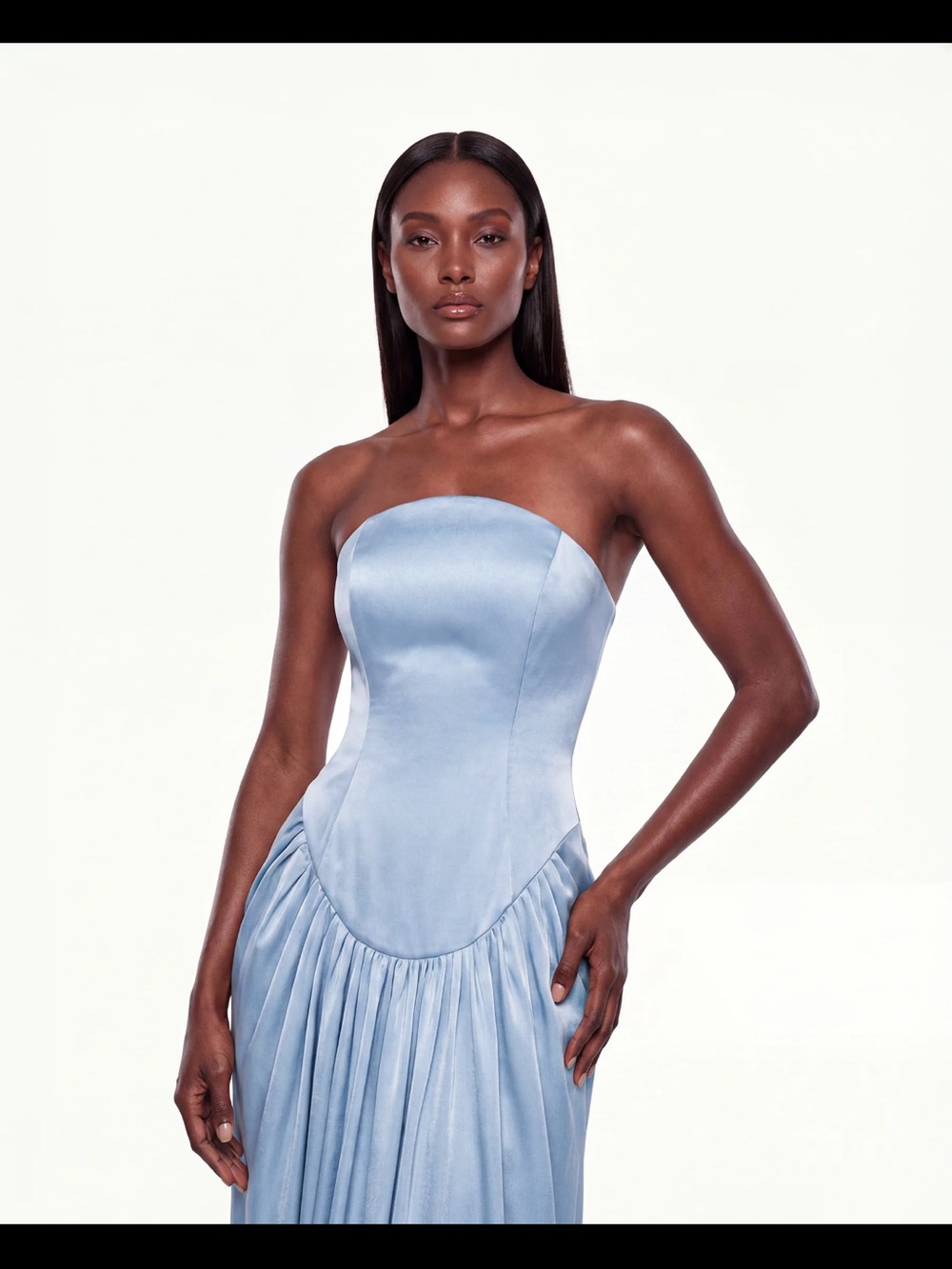 Strapless Light Blue Satin Maxi Dress with Gathered Skirt - Picture 3 of 3